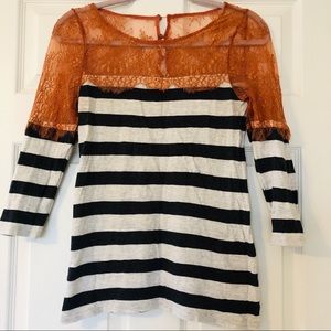 Anthropologie orange lace, gray striped blouse S